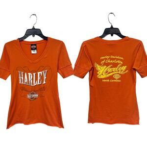 Harley-Davidson Charlotte NC Orange V-Neck Graphic Tee Moto Streetwear Biker XS